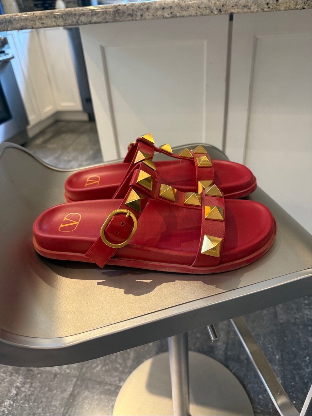 Valentino Rockstud Leather Roman Red Slide Sandals - Picture 6 of 12